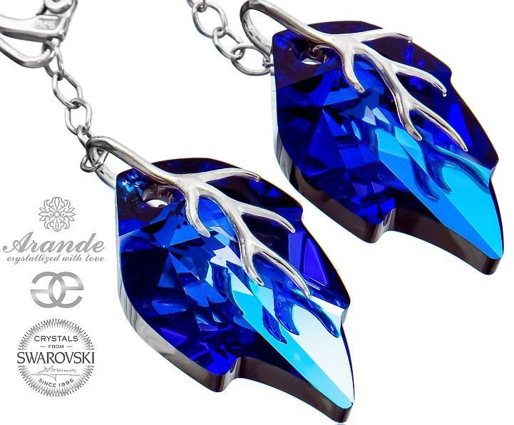 Swarovski ozdobne długie kolczyki BLUE LEAF SREBRO