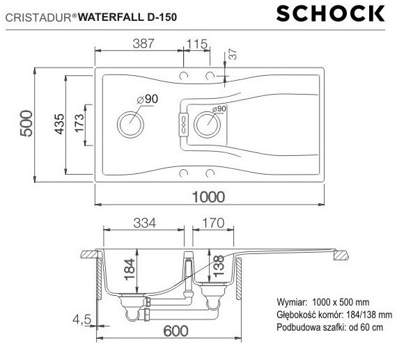 Schock Waterfall D-150 Zlewozmywak granitowy 1,5-komorowy 100x50 cm Cristadur silverstone WATD150SIL