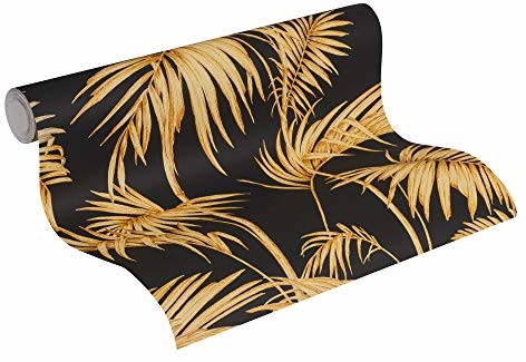 Livingwalls tapeta flizelinowa Metropolitan Stories Lola Paris tapeta z nadrukiem palmowym w dżungli 10,05 m x 0,53 m metalik pomarańczowy czarny Made in Germany 369195 36919-5