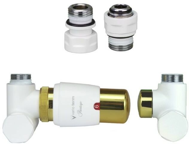 Varioterm Zawór termostatyczny do grzałki 50mm INTEGRA GLAMOUR ze złączką CU/PEX/ GZ1/2 /GW1/2 - GZ1/2 - do instalacji 1/2 lewy biały mat ze złotym IGS0225CFK/L(GZ1/2)