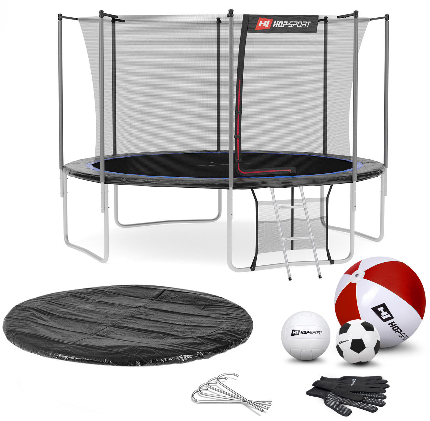 Hop-Sport Trampolina 12ft (366cm) czarno-niebieska z siatką wewnętrzną 48988