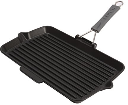 Staub patelnia grillowa prostokątna z uchwytem silikonowym (34 x 21 cm, nadaje się do kuchenek indukcyjnych, wnętrze emaliowane matowoczarne), czarna 1202223