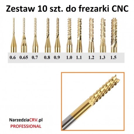 ZESTAW 10szt FREZÓW DO FREZARKI CNC 0,6-1,5mm Professional