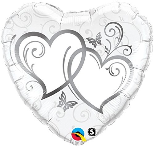 Qualatex Balon foliowy/helowy Srebrny ślubny nie jest wypełniony gazem balonowym, pusty, dwoma serduszkami Srebrny kształt serca 45 cm PIN15746