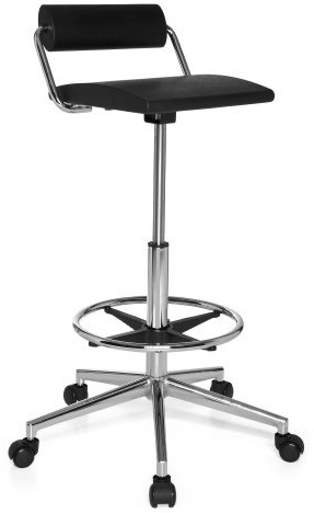 HJH OFFICE 665170 krzesło robocze TOP Work 28 sztywna pianka czarna taboret roboczy z rolkami i oparciem, pierścień podstawy z regulacją wysokości 665170