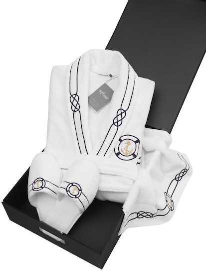 Soft Cotton Męski szlafrok MARINE MAN w ozdobnym opakowaniu + ręcznik + kapcie Biały S + kapcie (40/42) + ręcznik + box 20351set