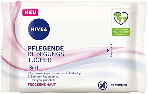 Nivea 3 w 1 pielęgnujące chusteczki czyszczące (25 sztuk), łagodne chusteczki do oczyszczania twarzy z naturalnym olejkiem migdałowym, chusteczki do demakijażu i wodoodporny tusz do rzęs