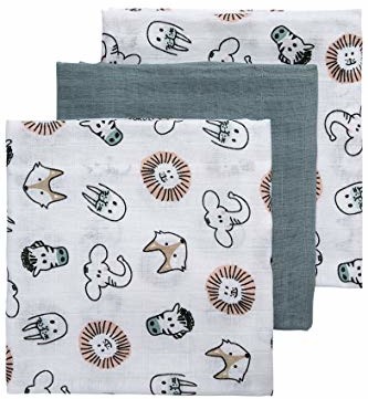 Meyco Meyco 452019 Mull/muślinowa pielucha zestaw 3 szt, 70 x 70 cm ANIMAL-UNI Stone zielono-biała