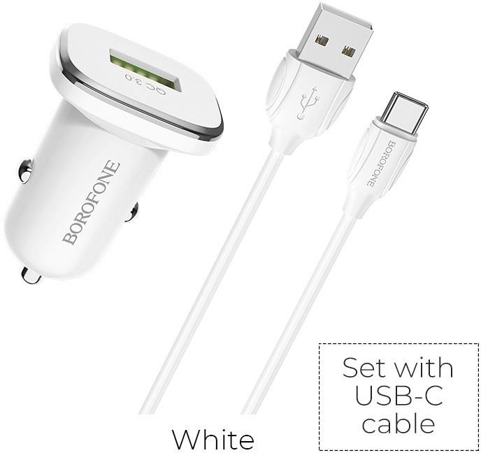 BOROFONE Borofone ładowarka samochodowa USB z QC3.0 i kablem USB-C w zestawie biały BFO-BZ12A-C-W
