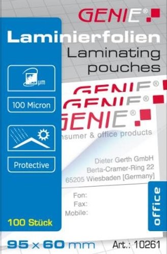 Genie 10261 folia do laminowania, 100 mikronów, do formatu wizytówek, 95 x 60 mm, opakowanie 100 sztuk, przezroczyste 0200