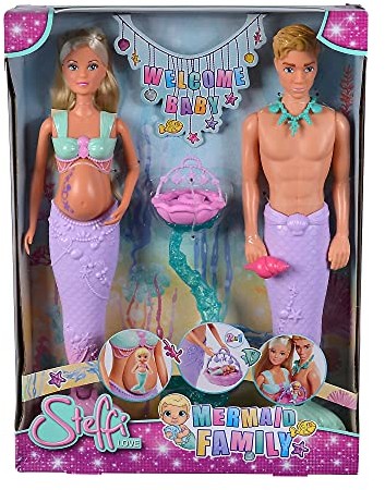 Simba 105733524 - Steffi Love Mermaid Family, lalka w ciąży syrenka z Kevin jako syrenka, z łóżeczkiem dziecięcym, lalki do przebierania 29 cm, lalki do zabawy, dla dzieci od 3 lat 105733524