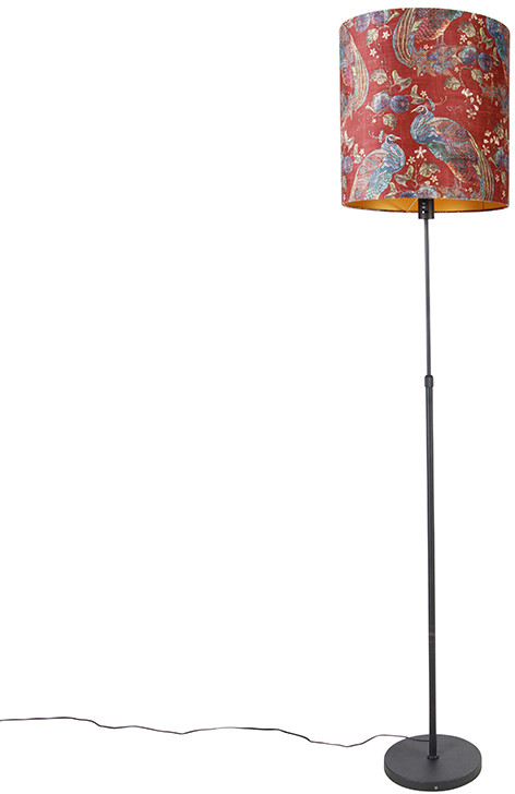 QAZQA Lampa podłogowa regulowana czarna klosz welurowy czerwony paw 40cm - Parte