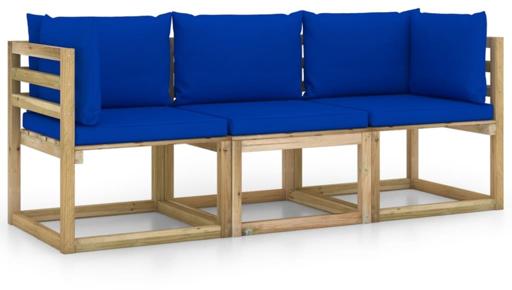 vidaXL Ogrodowa sofa 3-os. z niebieskimi poduszkami