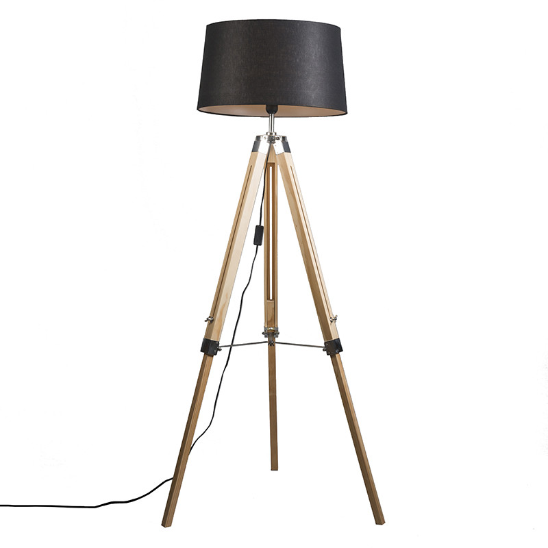 QAZQA Lampa podłogowa drewno klosz lniany czarny 45cm - Tripod