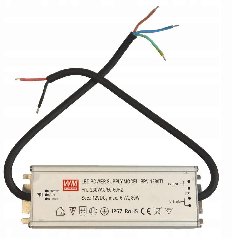 Zasilacz 12V/6,7A 80W IP67 hermetyczny / 013381