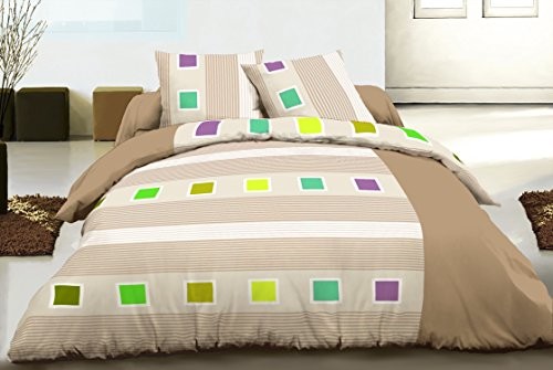 Home Passion 60535 Pack 3-częściowa poszwa na kołdrę 57 nici bawełna z beżowym Squares 240 x 260 cm 60535