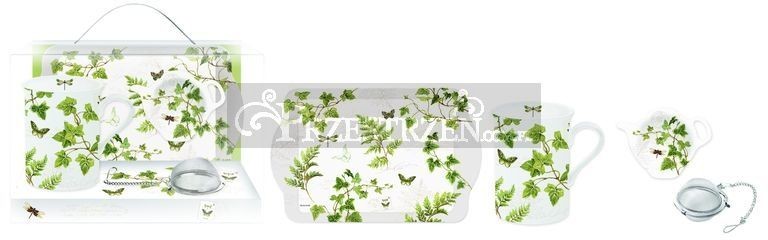 Nuova Cer Easy life r2s KOMPLET: KUBEK PORCELANOWY, PODSTAWKA I TACKA - Bluszcz i Paproć (306 IVIE)