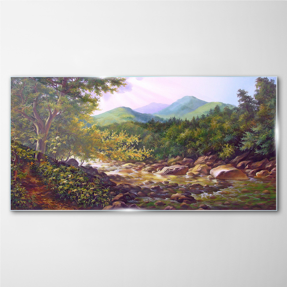 PL Coloray Obraz Szklany las rzeka kamienie góry 100x50cm