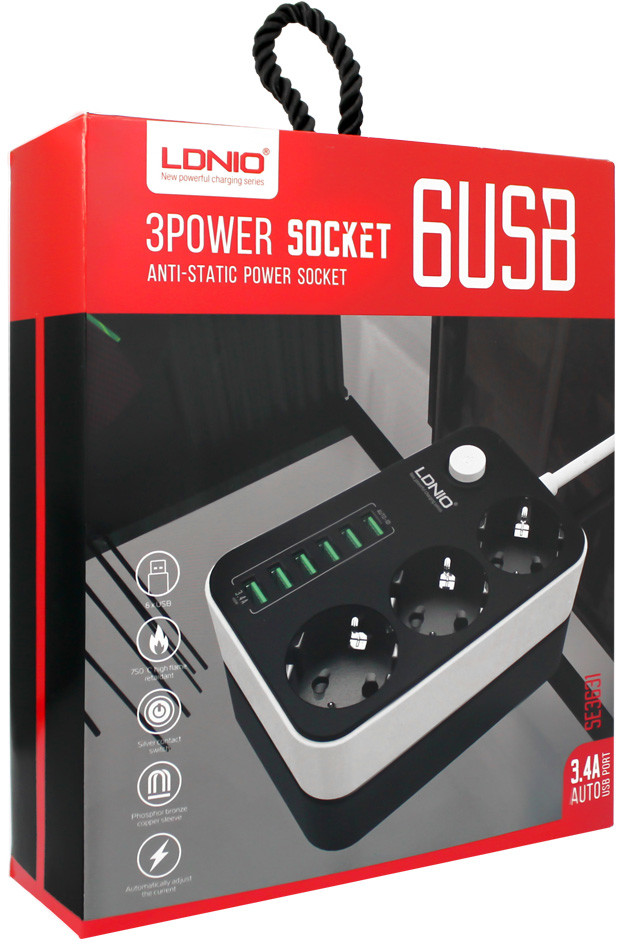 Listwa zasilająca 3 Gniazda + 6 Usb Przedłużacz