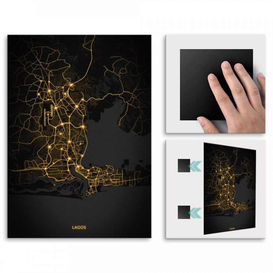 Pix4home Plakat metalowy Mapa City Lights Lagos L POS-L-03497