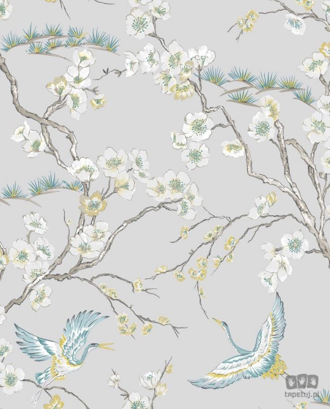 Superfresco Easy Szara tapeta winylowa na flizelinie styl japoński gałązki kwiaty ptaki 106565_opcje