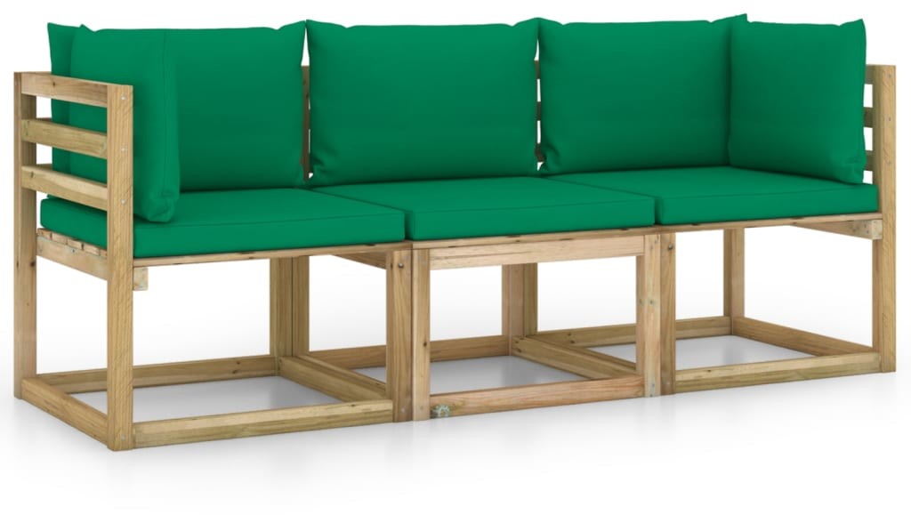 vidaXL Ogrodowa sofa 3-os. z zielonymi poduszkami