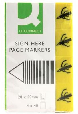 Q-Connect Zakładki indeksujące Sign-here, papier, 20x45mm, 4x40 kart., żółty KF01979