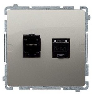 Kontakt Simon Kontakt_Simon Gniazdo komputerowe RJ45. kategoria 6. podwójne z przesłoną przeciwkurzową (moduł). Montaż na łapki lub wkręty satynowy BM62.01/29