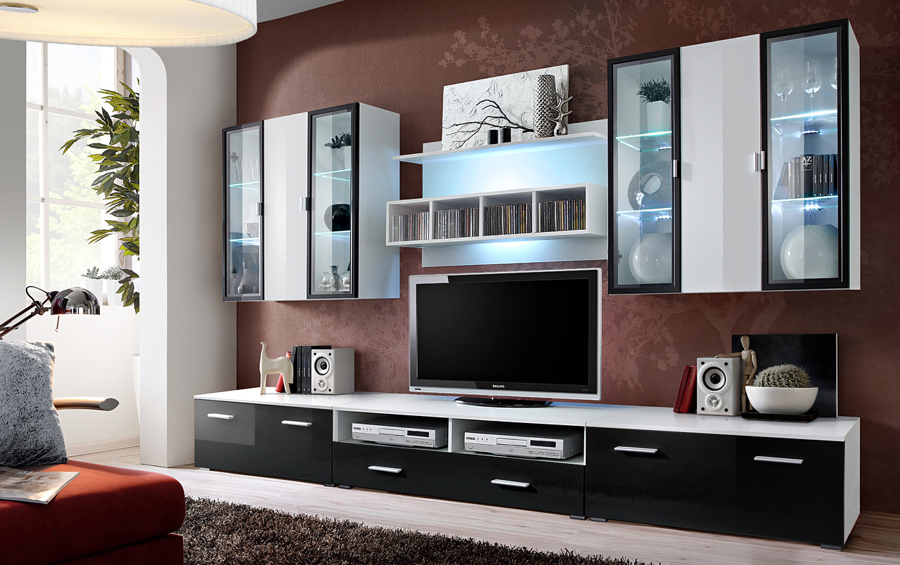 MEBLOŚCIANKA QUADRO BIAŁY MAT/BIAŁO-CZARNY POŁYSK + LED 20 WZ QU