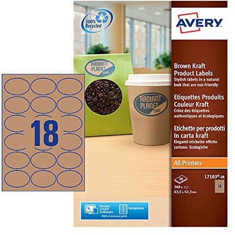Avery l7103 20 owalne etykiet papierowe 63,5 X 42,3 MM 360 sztuk brązowe L7103-20