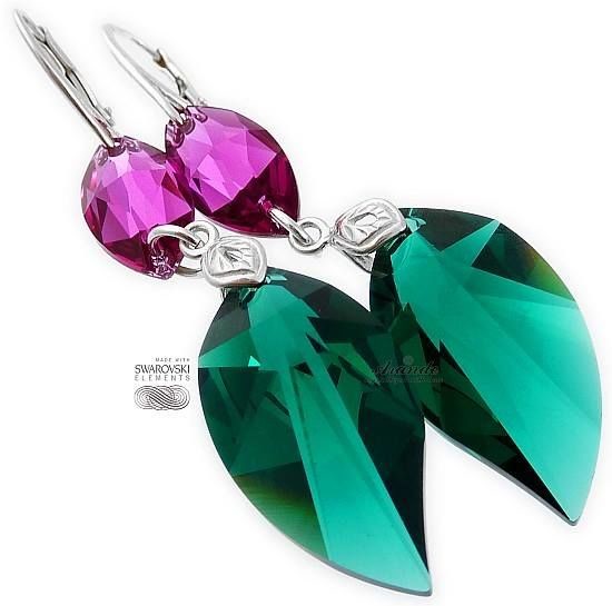 Swarovski piękne długie kolczyki EMERALD FUCHSIA SREBRO