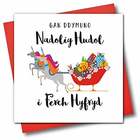 Claire Giles Język walijski ozdobiona świąteczna kartka z życzeniami, GAN Ddymuno Nadolig Hudol I Ferch Hyfryd, Życząc uroczej córki magiczne Boże Narodzenie, sanie z jednorożcem WJOL024