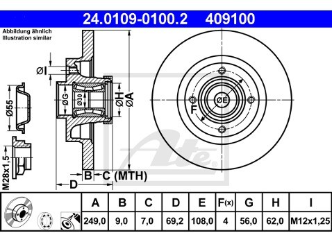 ATE TARCZA HAM 24.0109-0100.2 CITROEN C3 PICASSO 1.4, 1.6, 1.6HDI 09-, C4 1.6 16V, 1.6HDI, 2.0 16V, 2.0HDI 04-  24.0109-0100.2