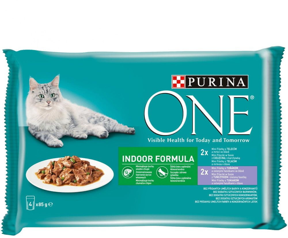 Purina karma dla kotów ONE Indoor mini filety z tuńczykiem z zieloną fasolą i cielęciną z marchewką w sosie 12x 4x85 g