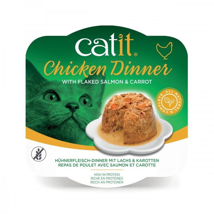 Catit Chicken Dinner, mokry pokarm, dla kota, kurczak, łosoś i marchew, 80g, szalka