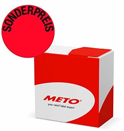 Meto oryginalne etykiety promocyjne  cena specjalna  w praktycznym pudełku dozującym (50 mm, okrągłe, fluorescencyjne czerwone, permanentne, 750 etykiet na rolce, etykiety przyczepowe 30001911)