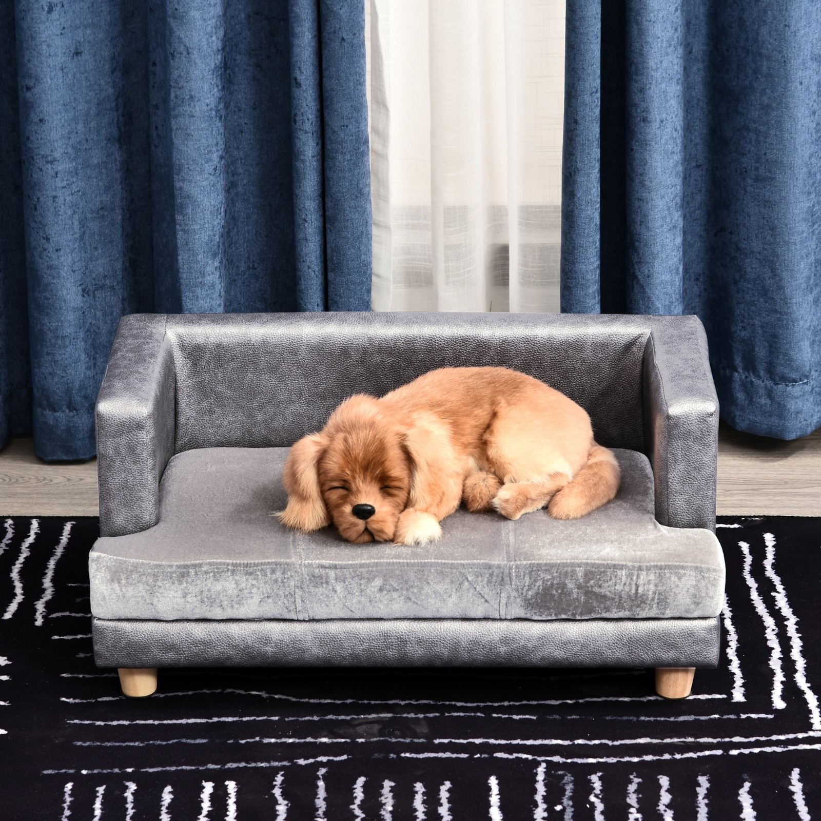 PawHut Sofa dla Psa Zwierząt Domowych Łóżko Legowisko Mata Salon Ekoskóra Plusz Szary