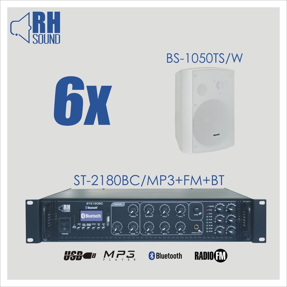 RH Sound ST-2180BC/MP3+FM+BT + 6x BS-1050TS/W - nagłośnienie naścienne
