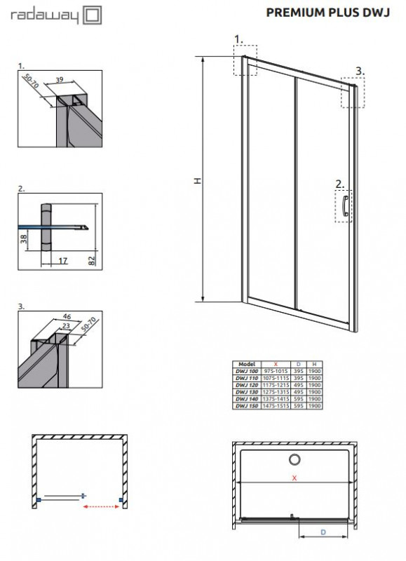 Radaway Premium Plus DWJ Drzwi prysznicowe 100x190 cm profile chrom szkło przejrzyste 33303-01-01N