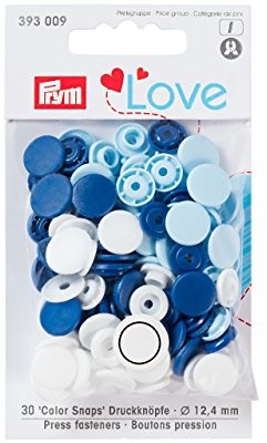 Prym PRYM Love 393009 kolorowe zatrzaski, średnica 12,4 cm, niebieskie, białe, jasnoniebieskie, 30 sztuk, (stosować wg załączonej instrukcji) PRYM_393009
