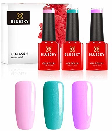 Bluesky Żelowy lakier do paznokci, zestaw lakierów do paznokci, pastelowy puder. Frozen Palace 63907, Strawberry Pink A031, Beckoning Begonia 80597. 3 x 5 ml Nude, fioletowy (Requires Curing Under Uv/ FBA-Minis-63907-A031-80597