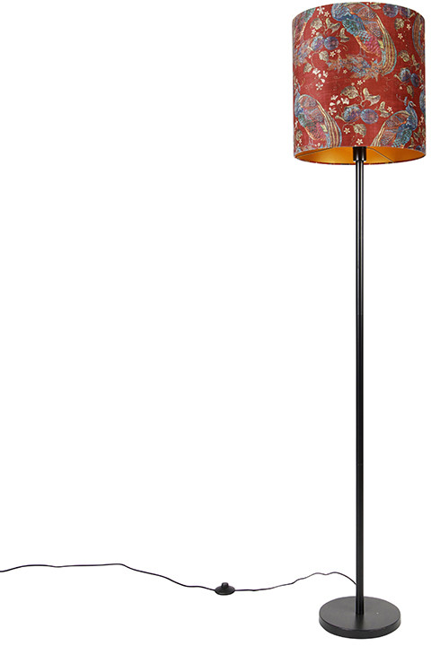 QAZQA Lampa podłogowa czarny abażur wzór paw czerwony 40 cm - Simplo