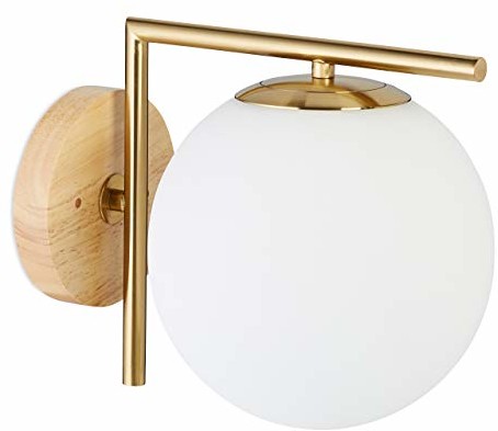 Relaxdays GLOBI lampa ścienna, metalowa, szklany klosz kulisty, nowoczesna, designerska lampa ścienna, wys. x szer. x głęb.: 22 x 19,5 x 28 cm, mosiądz