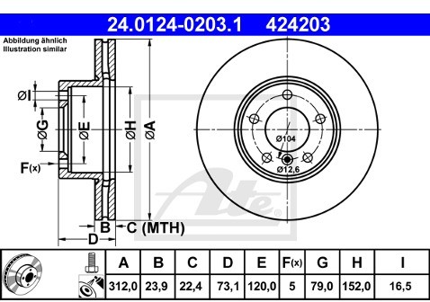 ATE TARCZA HAM 24.0124-0203.1 BMW E90 318I, 325I, 325XI, 05-, 320I, 325I 07-, 325I X-DRIVE 08-  24.0124-0203.1