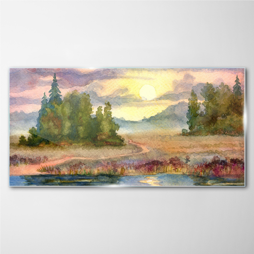 PL Coloray Obraz Szklany akwarela drzewa zachód słońca 100x50cm