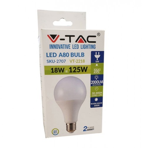 V-TAC Żarówka LED E27 18W A80 3000K biała ciepła 2707