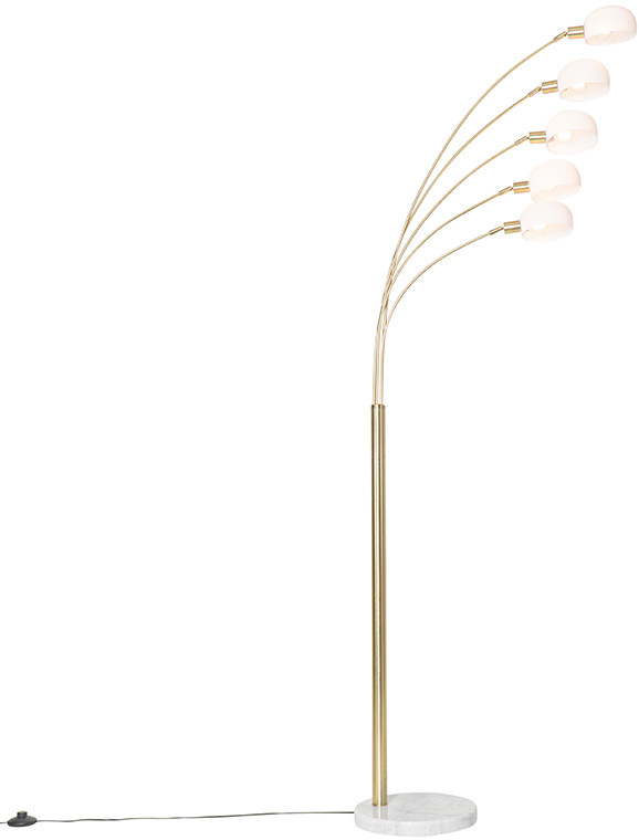 QAZQA Designerska lampa podłogowa mosiężna z opalowym szkłem 5-punktowa - Sixties Marmo