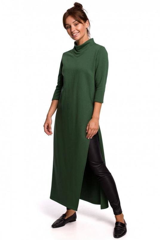 SukienkiShop Długa tunika z wysokim kołnierzem i rozcięciem zielona - SukienkiShop