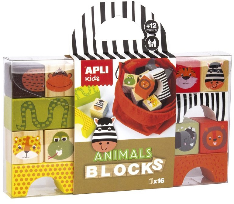 Apli Kids Drewniane klocki z woreczkiem Zwierzęta