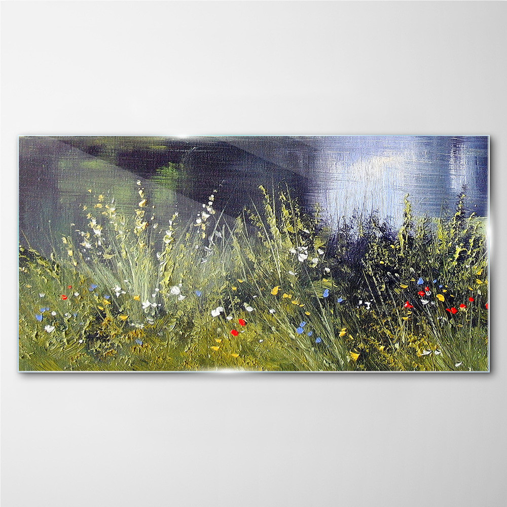 PL Coloray Obraz na Szkle rzeka kwiaty trawa 100x50cm